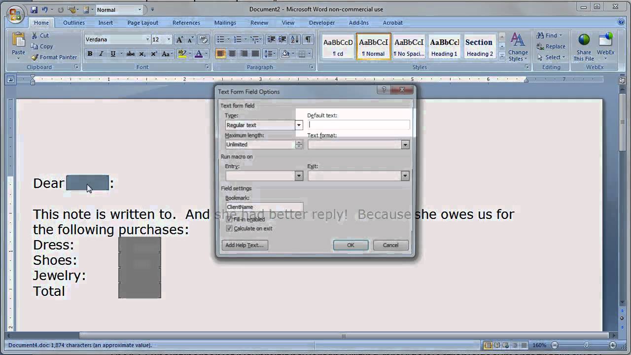 how to create a template in word 2010 with fields
